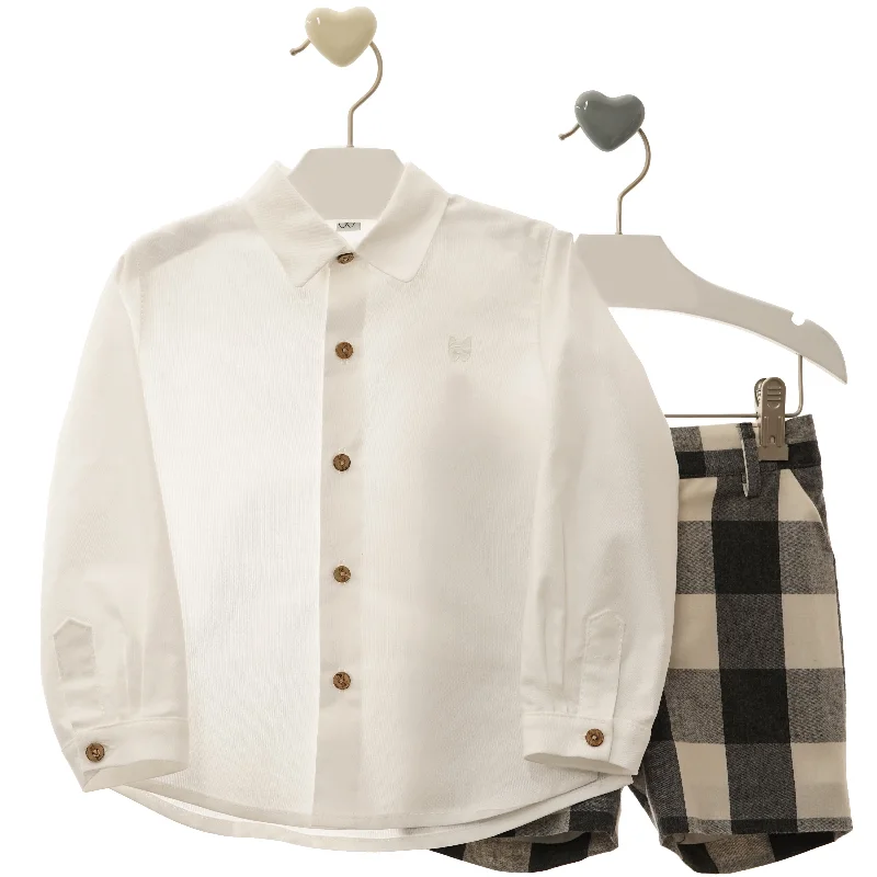 BOYS BLACK PLAID SHORT PANTS WITH LONG SLEEVE WHITE SHIRT FRANCESCO SET