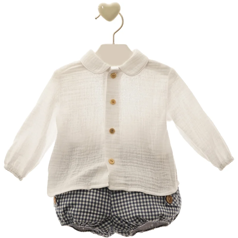 BABY BOYS LONG SLEEVE SHIRT WITH SHORT PANTS PLAID SHORTS FLIPPO SET