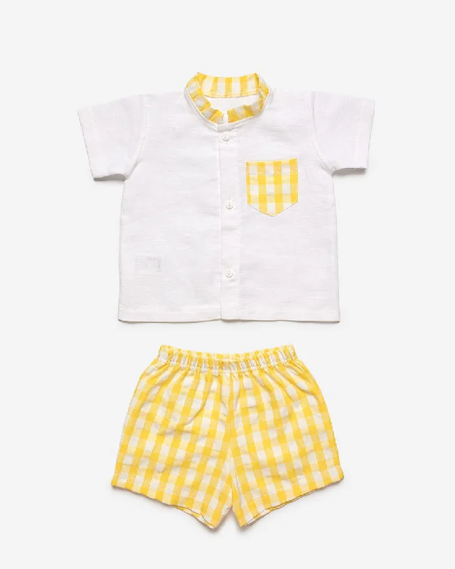 BOY PLAID SHORT AND MAO COLLAR SHIRT SET