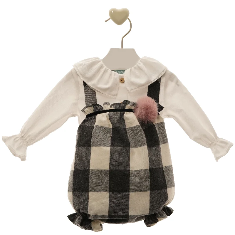 BABY GIRL PLAID ROMPER WITH POMPOM AND LONG SLEEVE SHIRT FRANCESCO SET