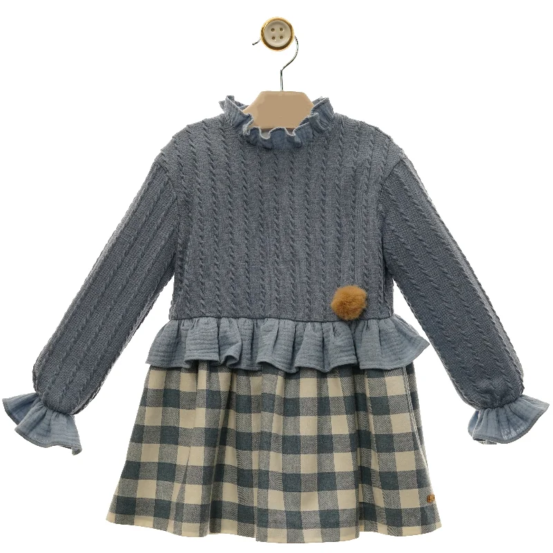 GIRLS LONG SLEEVE RUFFLE WITH POM POM DETAIL DRESS