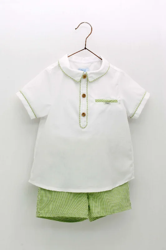 BOY GREEN PLAID SHORT AND WHITE SHIRT SET