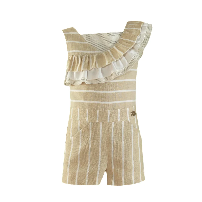 Girls stripes ruffles romper beige