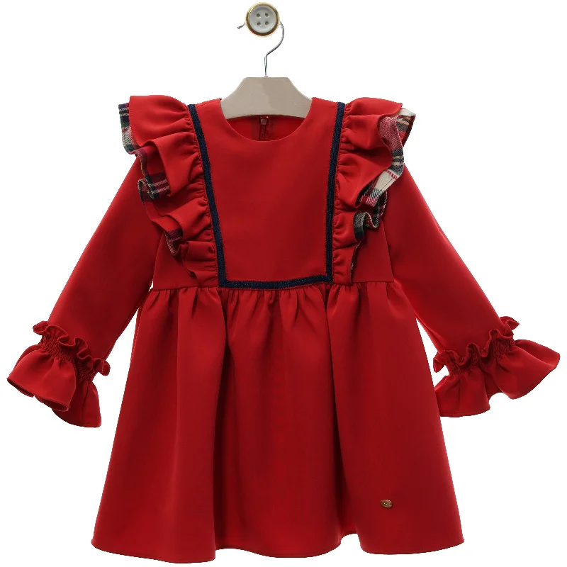 GIRLS RED LONG SLEEVE AND RUFFLE DRESS