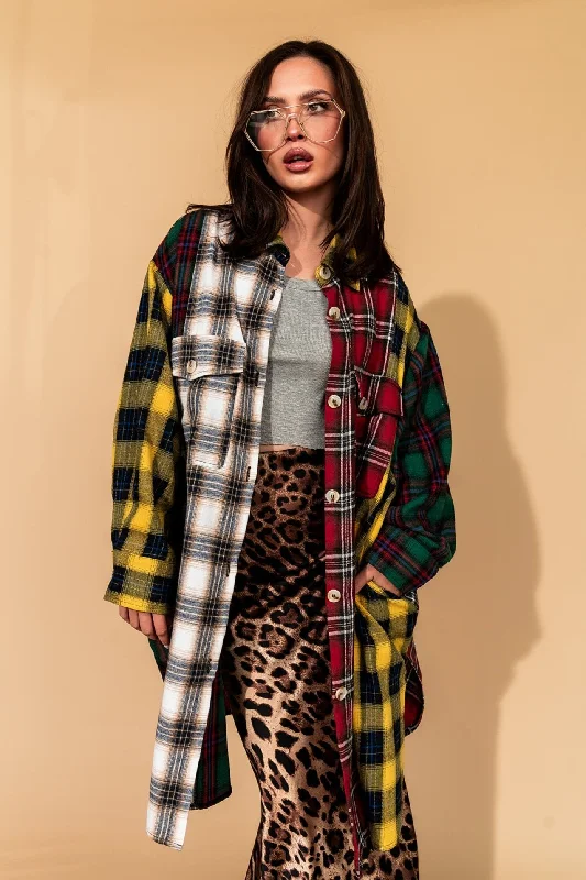 Zuri Oversized Grunge Flannel in Color Block Patchwork