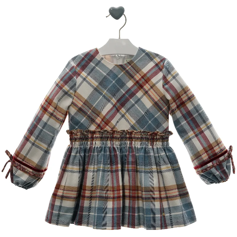 GIRLS PLAID AND VELVET DETAILS LONG SLEEVE DRESS