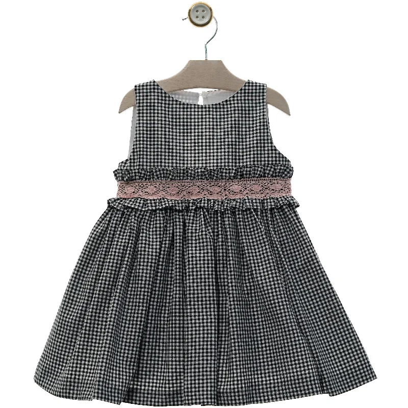 GIRLS BLACK PLAID WITH LACE PINK DETAILS DRESS