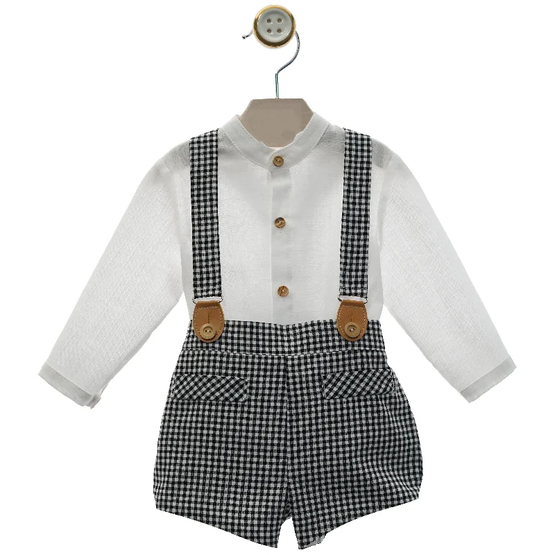 BOYS VICHY SHORT WITH SUSPENDER AND LONG SLEEVE MAO COLLAR SHIRT