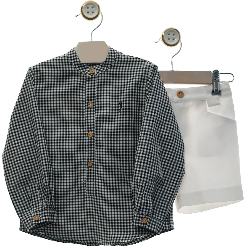 BOYS PLAID MAO COLLAR LONG SLEEVE SHIRT WITH SHORT SET