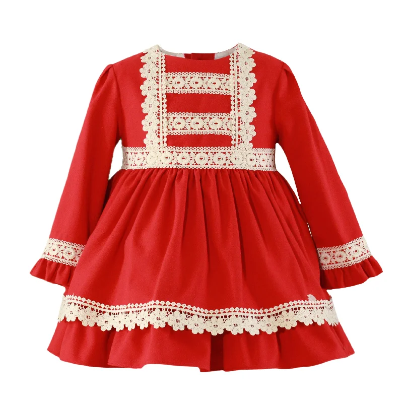 GIRLS LACE AND RED LONG SLEEVE DRESS