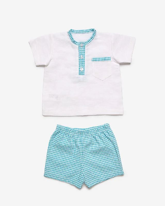 BOY TURQUOISE PLAID SHORT AND MAO COLLAR SHIRT SET