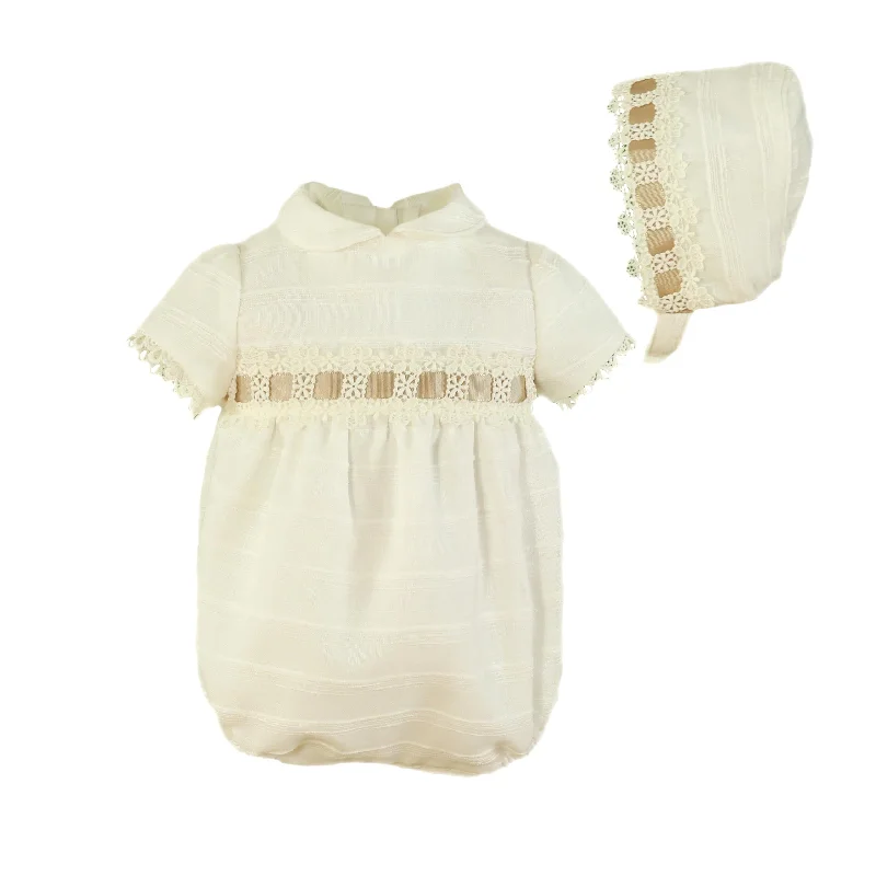 BABY RIBBONS AND LACE DETAILS ROMPER WITH BONNET SET