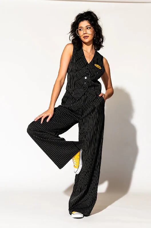 Wide Leg Trousers in Boss B*tch Pinstripe (Black)