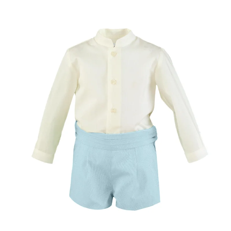 BOY LONG SLEEVE MAO COLLAR SHIRT AND SHORT PANTS SET