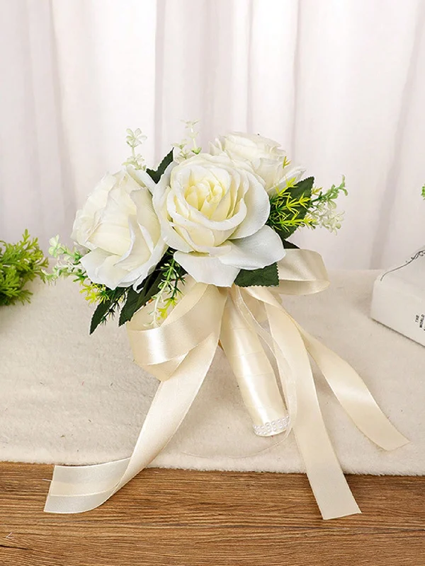 1PC  Bride Wedding Toss The Bouquet Bridesmaids Bouquet Champagne White Artificial Roses Flowers Wedding Valentine's Day  Home Decor Hand Tied Bouquet