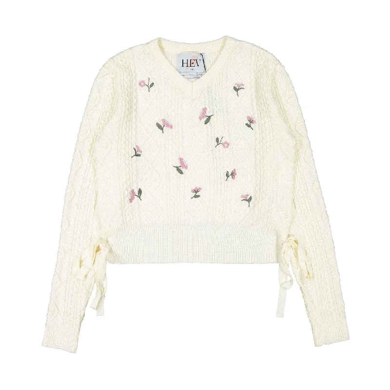 HEV Cream Embroidered Knit Back Tie Sweater