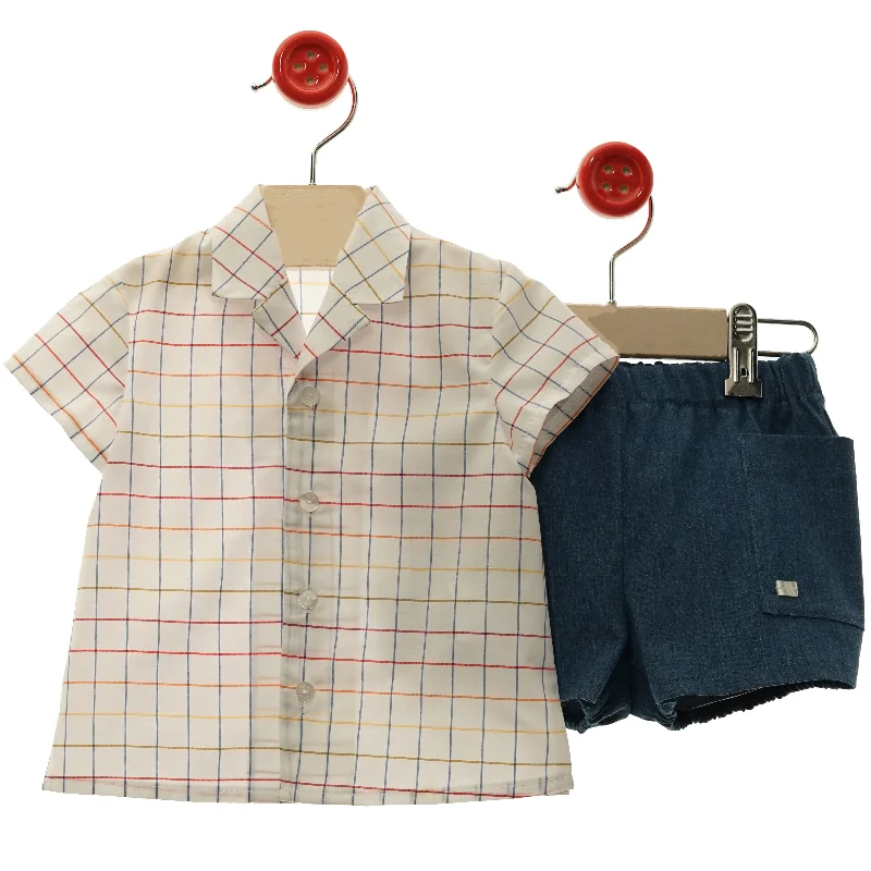 BOY COLORS PLAID SHIRT AND SHORT PANTS SET